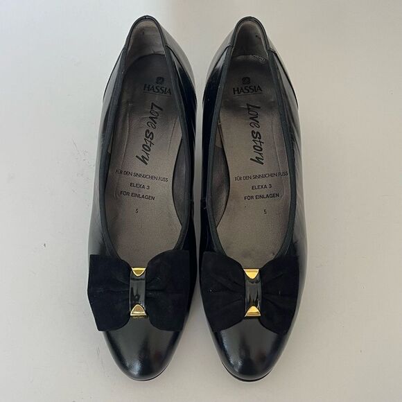 Hassia Love Story Elexa 3 Pumps Black Leather Bow H Width Wide Shoes UK 5 US 7.5